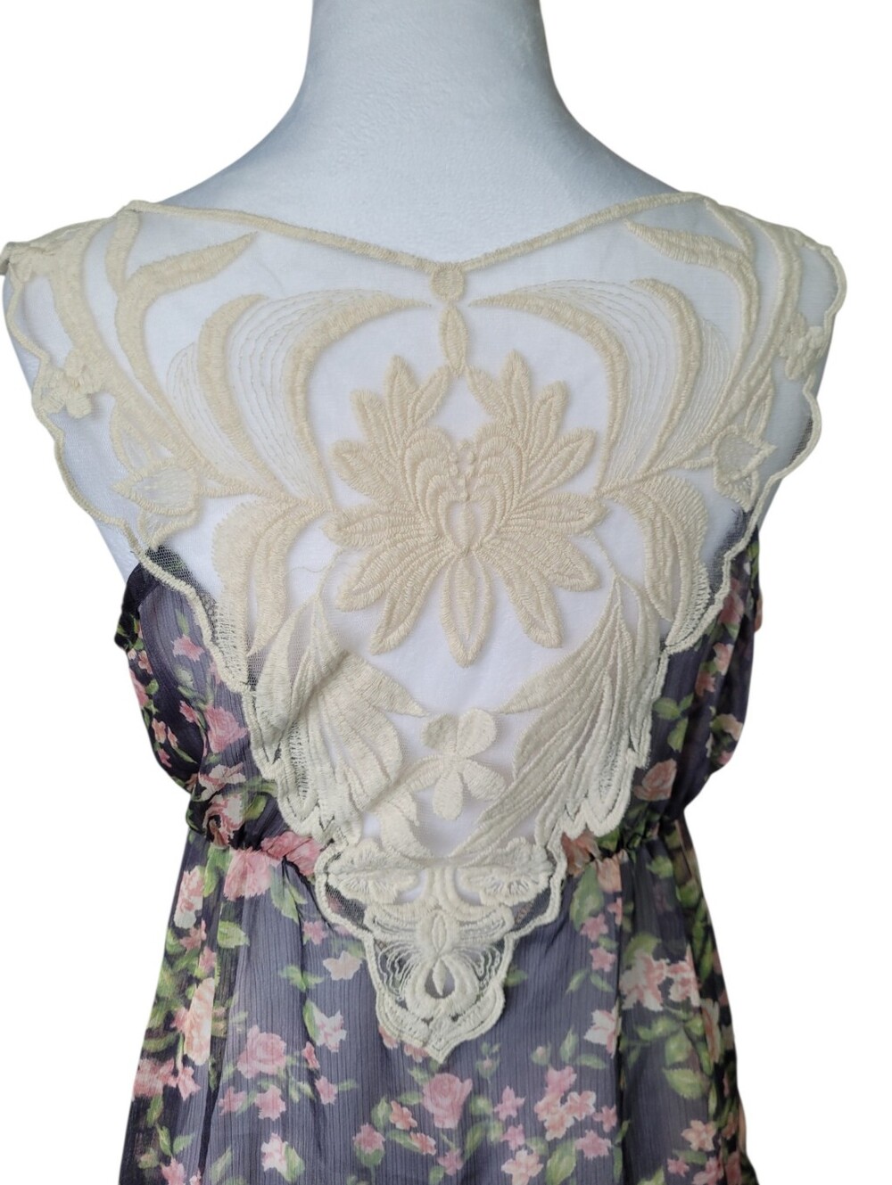 Vintage Y2K Roses Print Lace Back Sleeveless Chiffon Babydoll Top Large - Picture 7 of 16